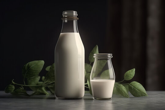 a bottle of milk and a glass with green leaves premium photo, in the style of photorealistic renderings