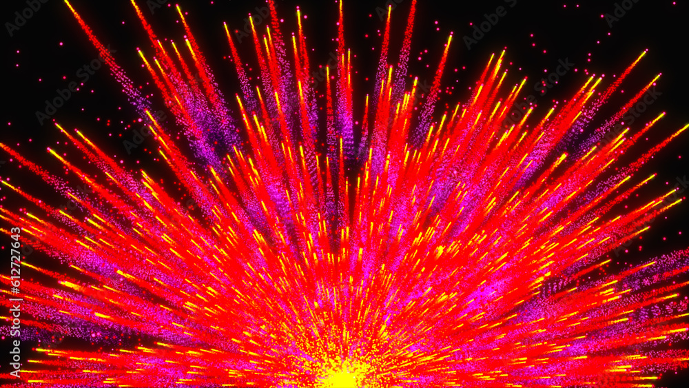 Poster explosion of red particles against a dark backdrop. black backdrop with abstract multicolored splatt