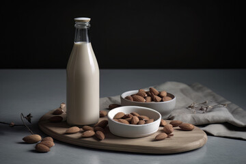 almonds and a bottle of milk on table top, in the style of made of all of the above