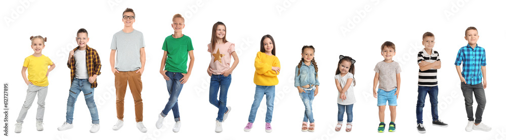 Wall mural Cheerful children of different ages on white background. Collage design