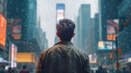 Fototapeta na wymiar Generative AI back view of a young man against a urban city scene at night 