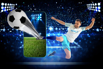 Sports betting. Soccer ball, kicked by football player, bursting out from smartphone against stadium and field
