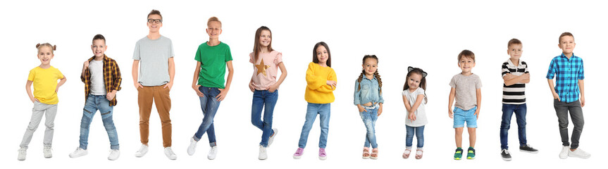 Cheerful children of different ages on white background. Collage design