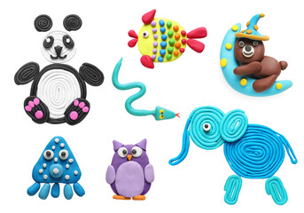 Set with different colorful child's crafts of plasticine on white background, top view