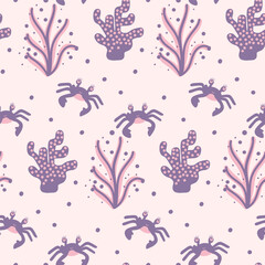 Sea life background in color. Edible seaweed seamless pattern. For print, menu design or textile. Vector illustration. Flat style.