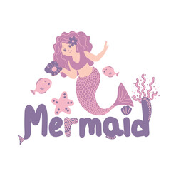 Little mermaid and underwater world. Under water in the sea mythical marine collection. Funny cartoon characters and corals are isolated on white.