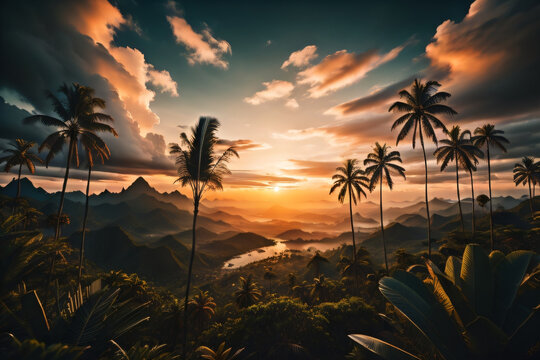 Wallpaper with a tropical landscape at sunset jungle with mountains palms trees and other wild plants sky with clouds Ai generator AI image