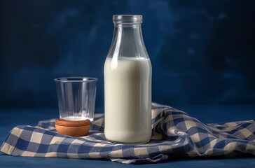 full glass of bottled milk on a blue cloth, in the style of ferrania