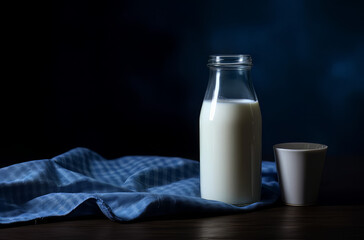 full glass of bottled milk on a blue cloth, in the style of ferrania