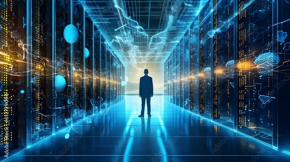 Aufkleber network and internet communication technology concept, data center structure, server racks with tele