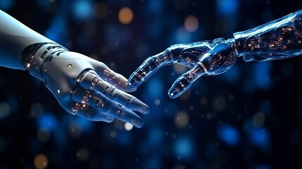 Illustration showcases the synergy between a robot and a human, hand connected. AI Generative.