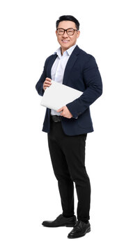 Businessman In Suit With Laptop On White Background