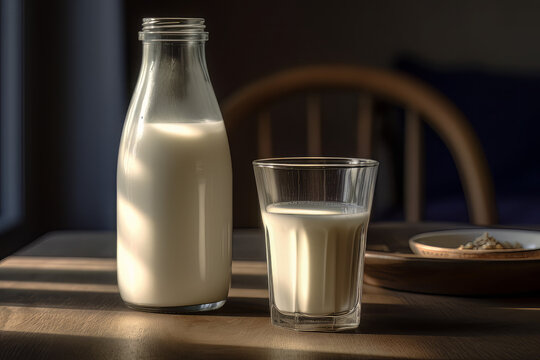 glass of milk next to a milk bottle, in the style of vray tracing