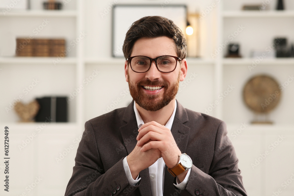 Sticker Happy businessman having online video call in office, view from web camera