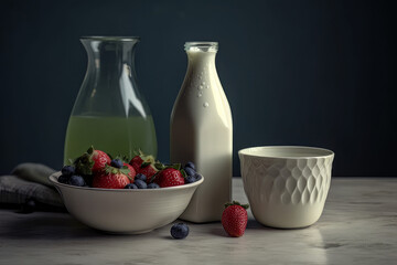 milk bottle, cup of yogurt, bowl of berries and strawberry premium photo