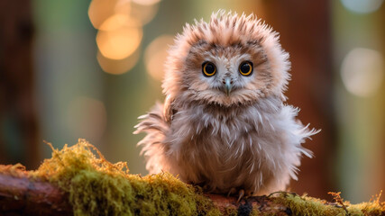 Little baby owl with big eyes sitting on a tree branch in the forest.
