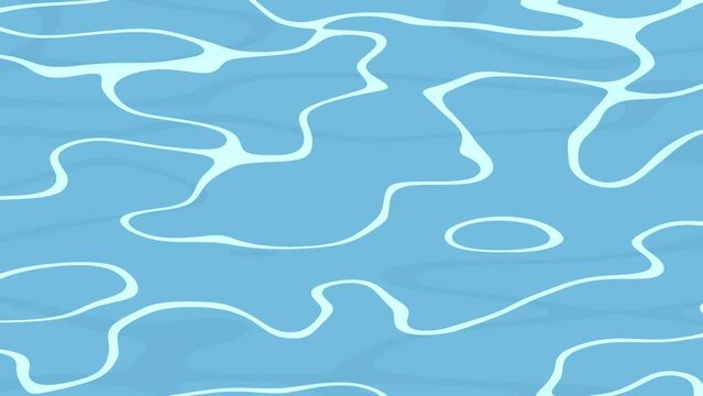 Pure blue cartoon water with light reflections and caustics on the surface. Swaying turquoise water seamless background animation. Simple ocean with shimmering slow motion curvy lines