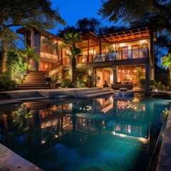 Obraz premium Pool area backyard home banner. Generate Ai