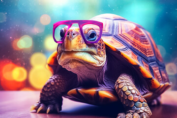 a turtle donning stylish eyeglasses, set against a backdrop of blurred glittering bokeh, creating a vivid and enchanting picture. Generative AI.