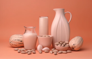 milk, seeds, nuts on peach background, in the style of monochromatic color schemes