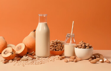 milk, seeds, nuts on peach background, in the style of monochromatic color schemes