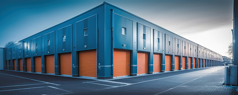 Generative AI, Mini colorful metal self storage facilities rental units, warehouse exterior, industry garage building.