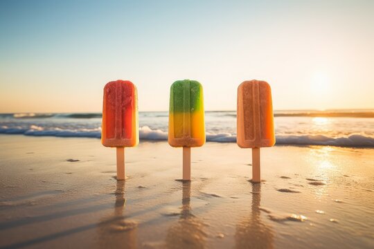 Popsicles beach sunny day. Generate Ai