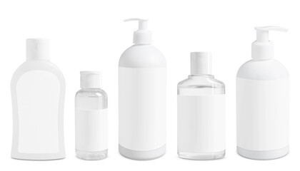 Set of cosmetic bottles with skin care products isolated on white