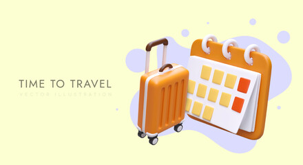 Time to travel world. Suitcase and calendar in plasticine style. Positive illustration for travel company website. Booking tickets, choosing date. Color template with text part