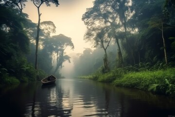 Ethereal beauty of the Amazon rainforest on a misty morning, with trees partially covered in fog, Generative Ai