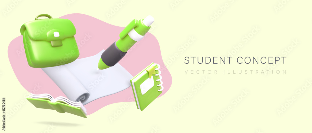 Aufkleber study time. 3d student accessories in rich colors. studying in classroom, working with paper textboo