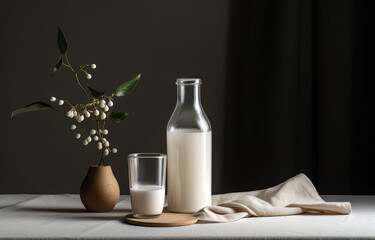 the photo shows a bottle and a glass of milk, in the style of minimalist sets, minimal retouching