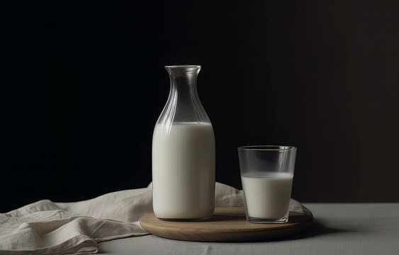 the photo shows a bottle and a glass of milk, in the style of minimalist sets, minimal retouching