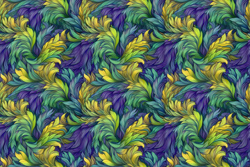Seamless repetitive pattern with flowers, feathers. Colorful beautiful vintage pattern repetition, beautiful background. Generative AI.