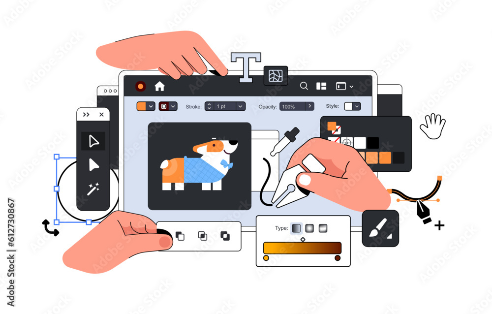 Poster ui design layout illustration with hands. tools for professional digital art in vector graphics edit