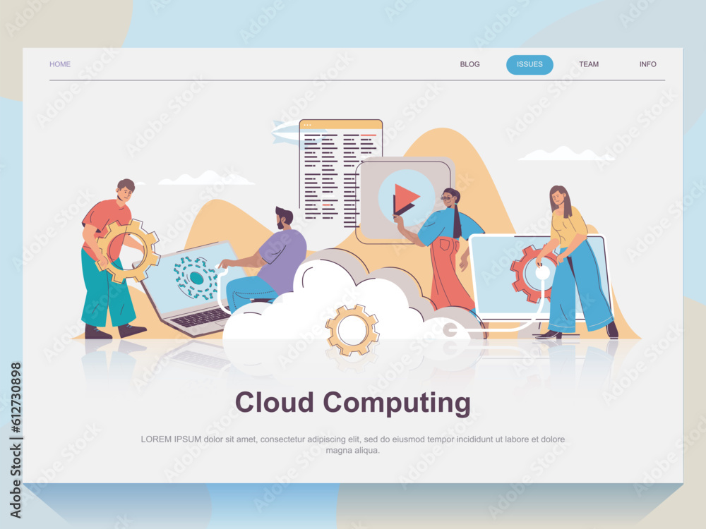 Poster cloud computing web concept for landing page in flat design. man and woman working with online serve