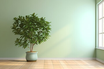 Blank sage green wall in house with green tropical tree in white modern design pot, baseboard on wooden parquet in sunlight for luxury interior design decoration, home appliance product background 