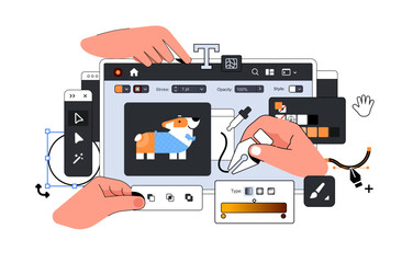Ui Design Layout illustration with Hands. Tools for professional Digital Art in Vector Graphics Editing. Big Designer Dashboard