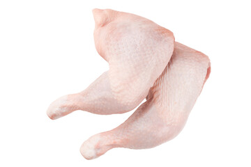 Two Raw chicken thighs with skin isolated PNG transparent photo. Raw chicken legs quarters.