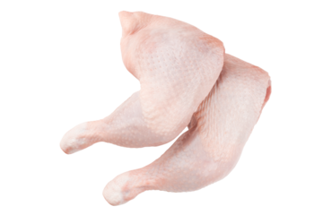 Two Raw chicken thighs with skin isolated PNG transparent photo. Raw chicken legs quarters.