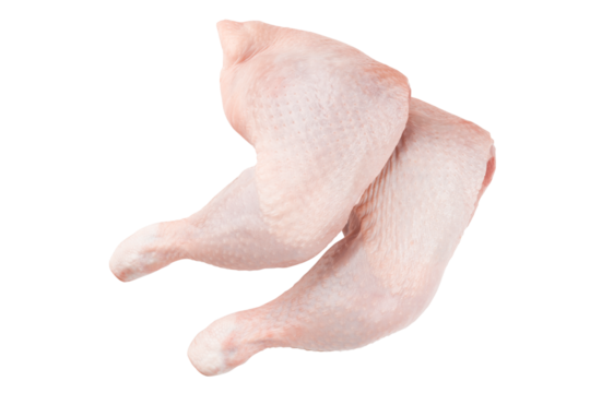 Two Raw chicken thighs with skin isolated PNG transparent photo. Raw chicken legs quarters.