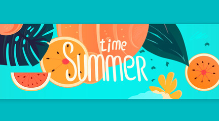 Summer time banner, season party bar, tropical fruity. Vector illustration
