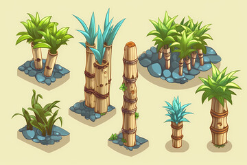 Bamboo trees Fantasy game assets - Isometric Vector Illustration