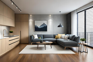 Fototapeta premium Interior of Living Room Modern style with Grey fabric sofa, Wooden side table, and white ceiling lamp on Wooden floor, Generative AI 