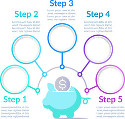 Taxes payment and finance infographic chart design template. Abstract infochart with copy space. Instructional graphics with 5 step sequence. Visual data presentation. Lato, Arial fonts used