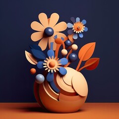 A bunch of 3d flowers on a brown background Generative Ai