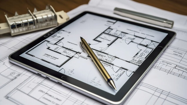 Architect workplace with digital tablet and blueprints.