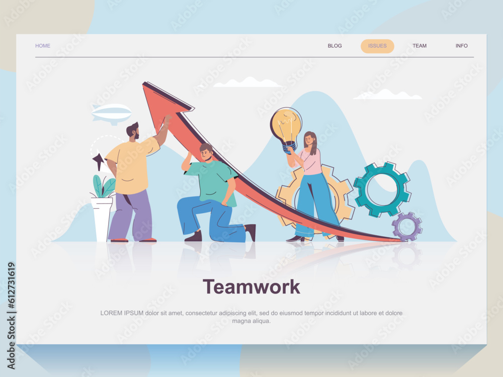 Poster teamwork web concept for landing page in flat design. man and woman working together, collaboration 