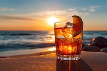 Cocktail tequila sunrise alcoholic on the beach at sunset