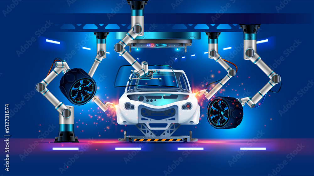 Poster Robot assembles car on automotive industry manufacture. Automated 3d Robotic arm on production line laser welding car body, sets wheels, windscreen. Industry robot hand on automotive vehicle factory.